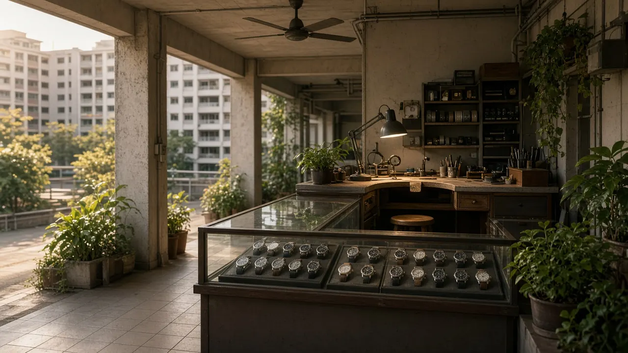 Illustration of a watch repair stall at the void deck of a Singapore HDB neighbourhood centre, with a glass display case of watches and a watchmaker's bench, HDB flats in the background