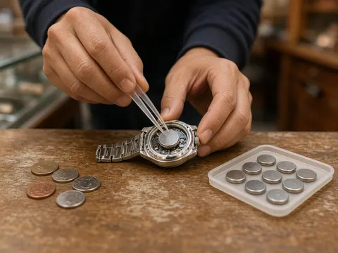 Illustration of hands using tweezers to fit a coin-cell battery into an open watch case, with spare batteries and loose coins on the counter