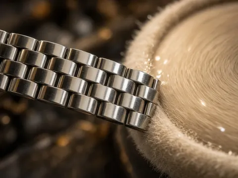 Illustration of a steel watch bracelet being polished on a buffing wheel
