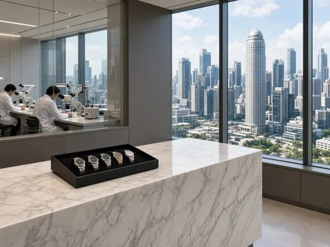 Illustration of a watch service centre reception in a city office tower, with technicians at benches behind glass and a skyline view