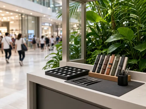 Illustration of a watch repair kiosk counter with straps and tools in a bright Singapore shopping mall atrium
